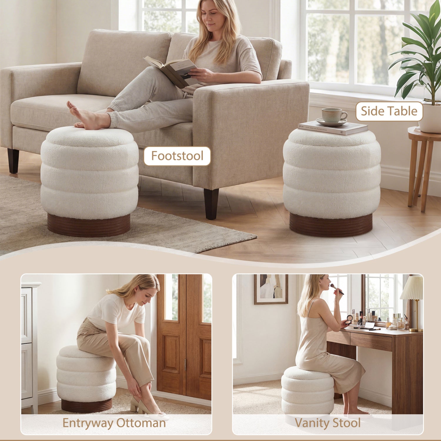 Round Storage Ottoman with Acacia Wood Frame for Living Room-White