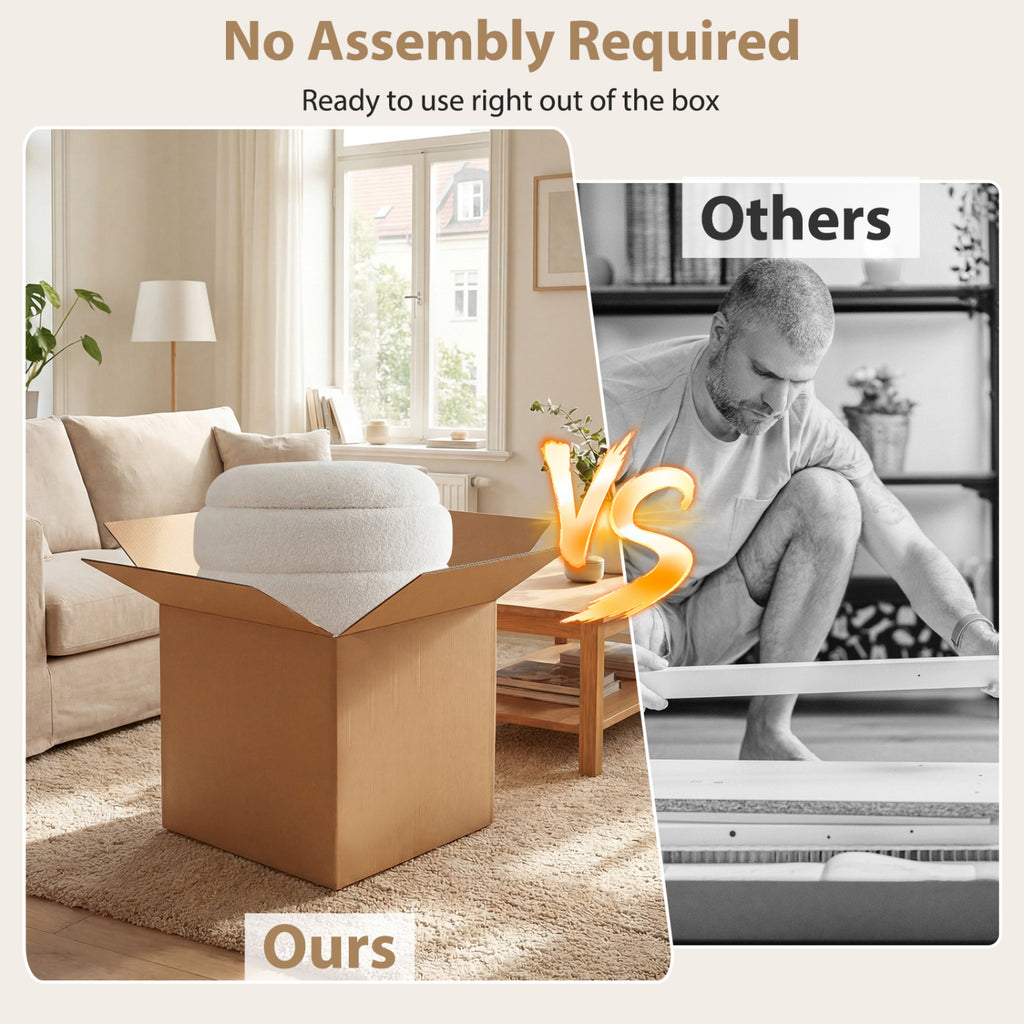 Round Storage Ottoman with Acacia Wood Frame for Living Room-White