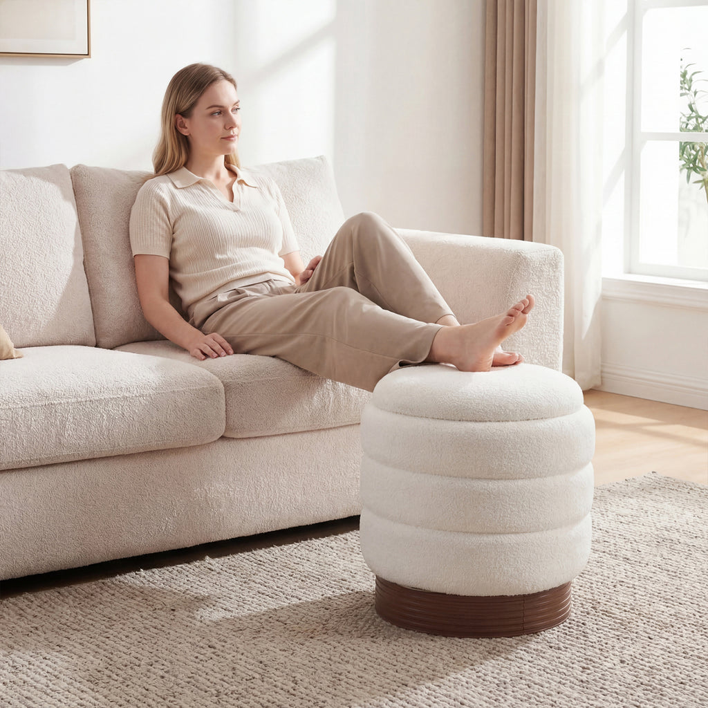 Round Storage Ottoman with Acacia Wood Frame for Living Room-White