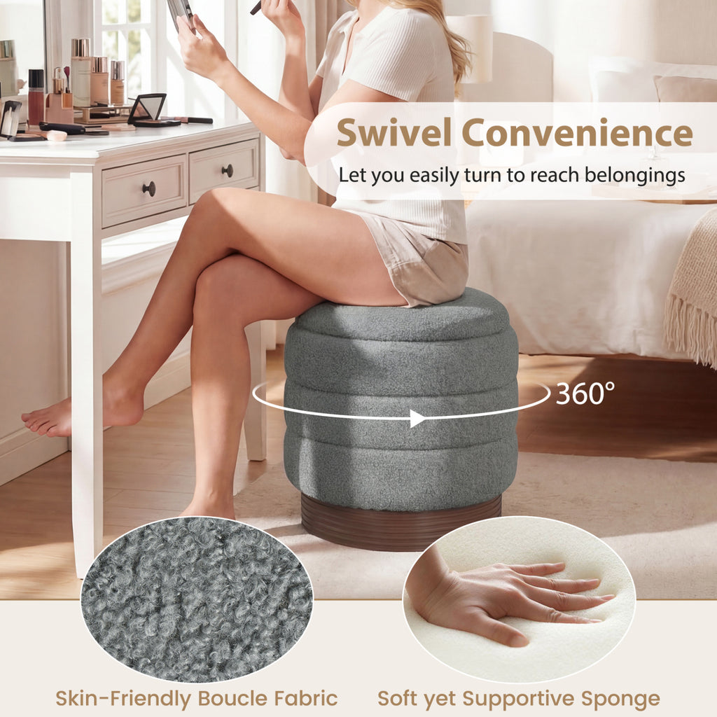 Round Storage Ottoman with Acacia Wood Frame for Living Room-Gray