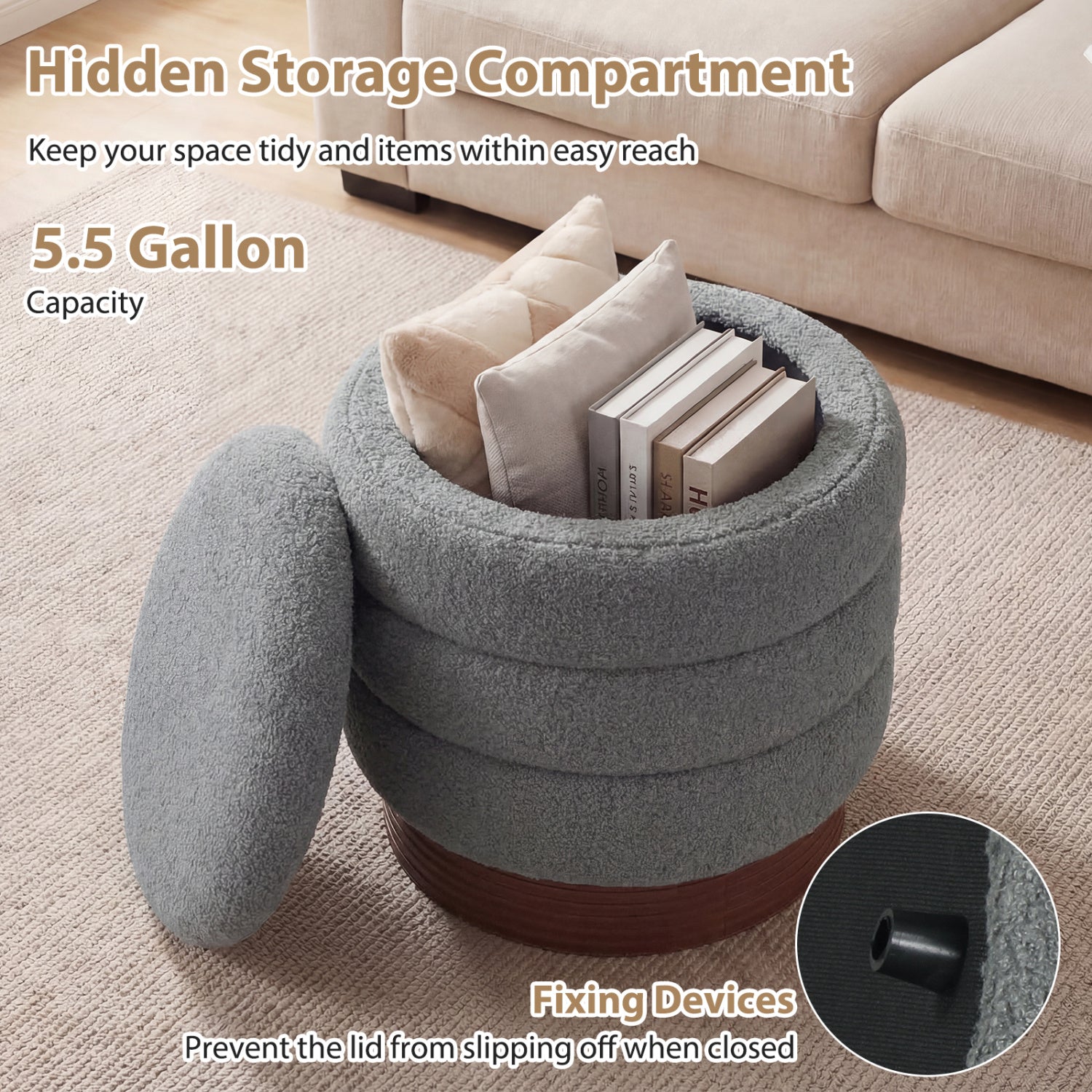 Round Storage Ottoman with Acacia Wood Frame for Living Room-Gray