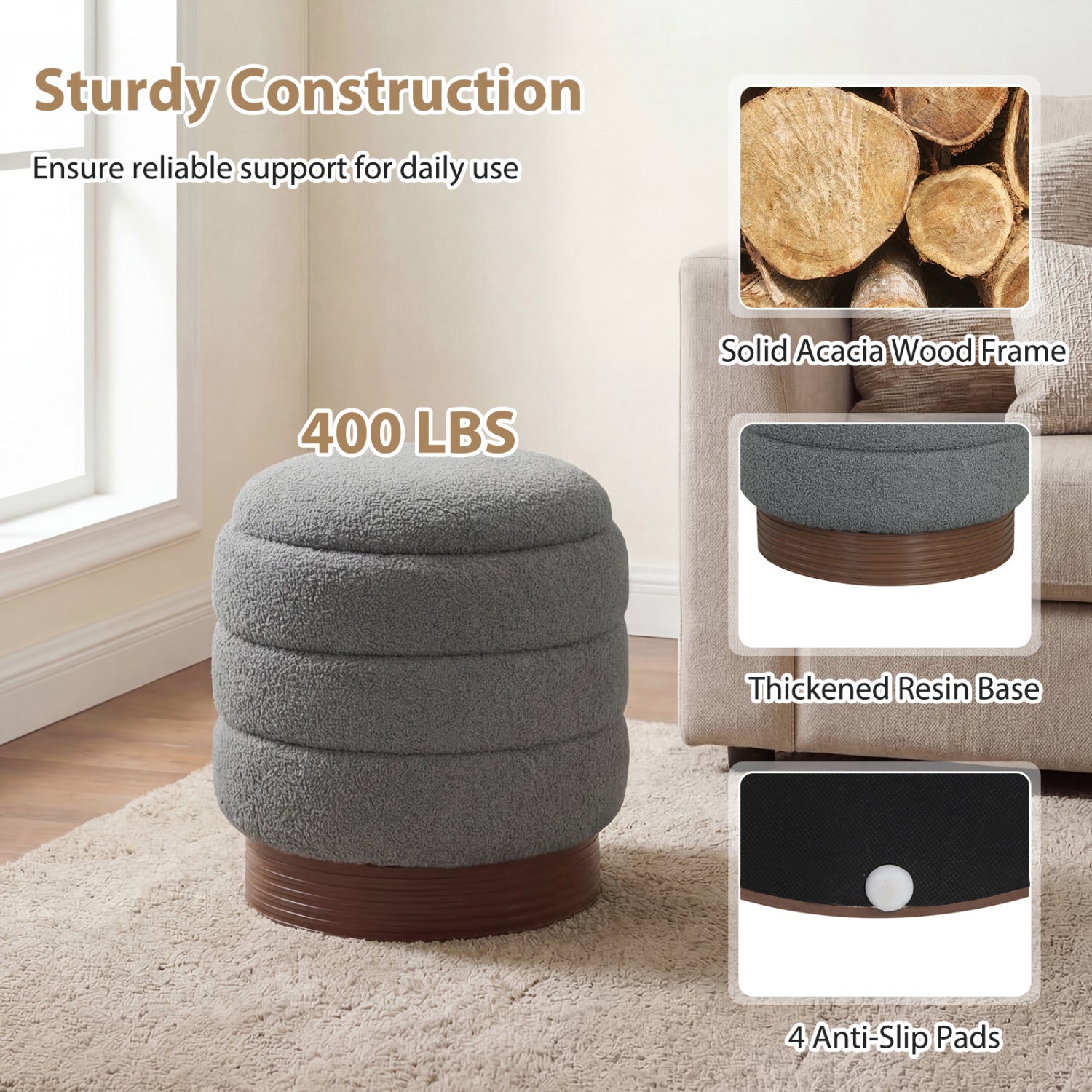 Round Storage Ottoman with Acacia Wood Frame for Living Room-Gray