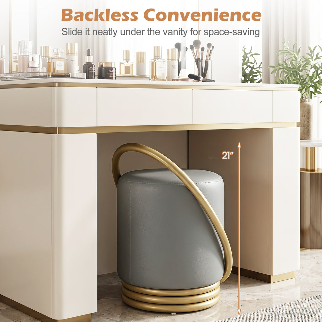 Round Vanity Stool Faux Leather Makeup Chair with Gold Halo Design-Grey