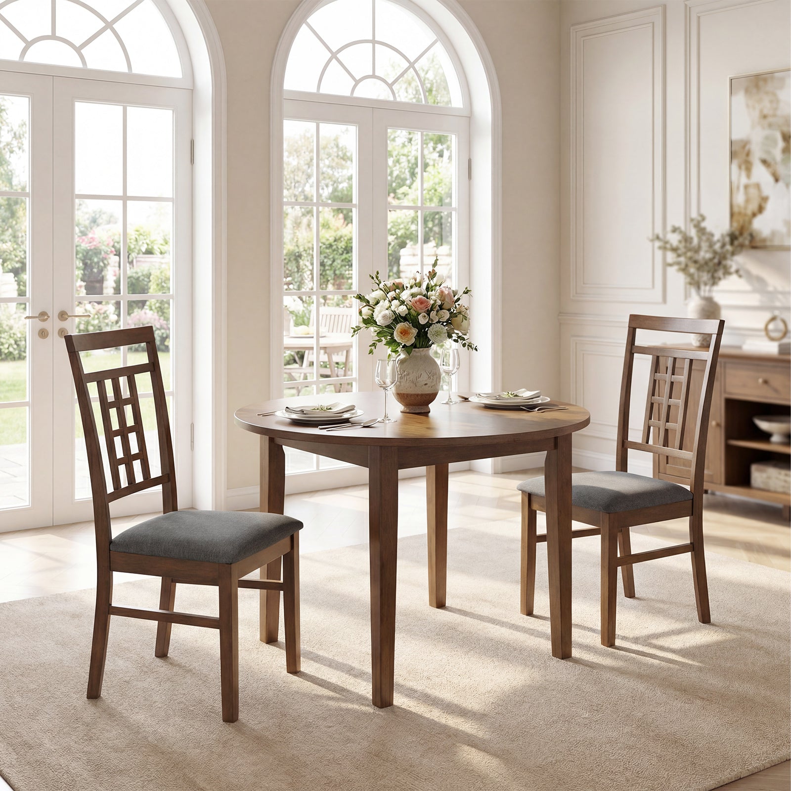 Rubber Wood Dining Chairs Set of 2 with Lattice Back-Brown