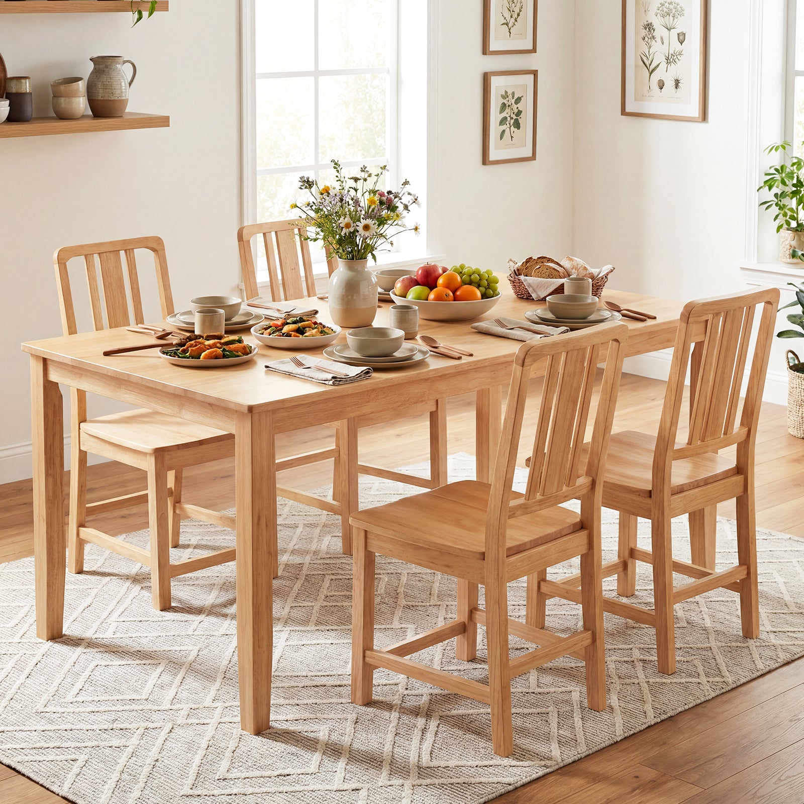 Rubber Wood Dining Chairs Set of 2 with Hollowed Backrest-Natural