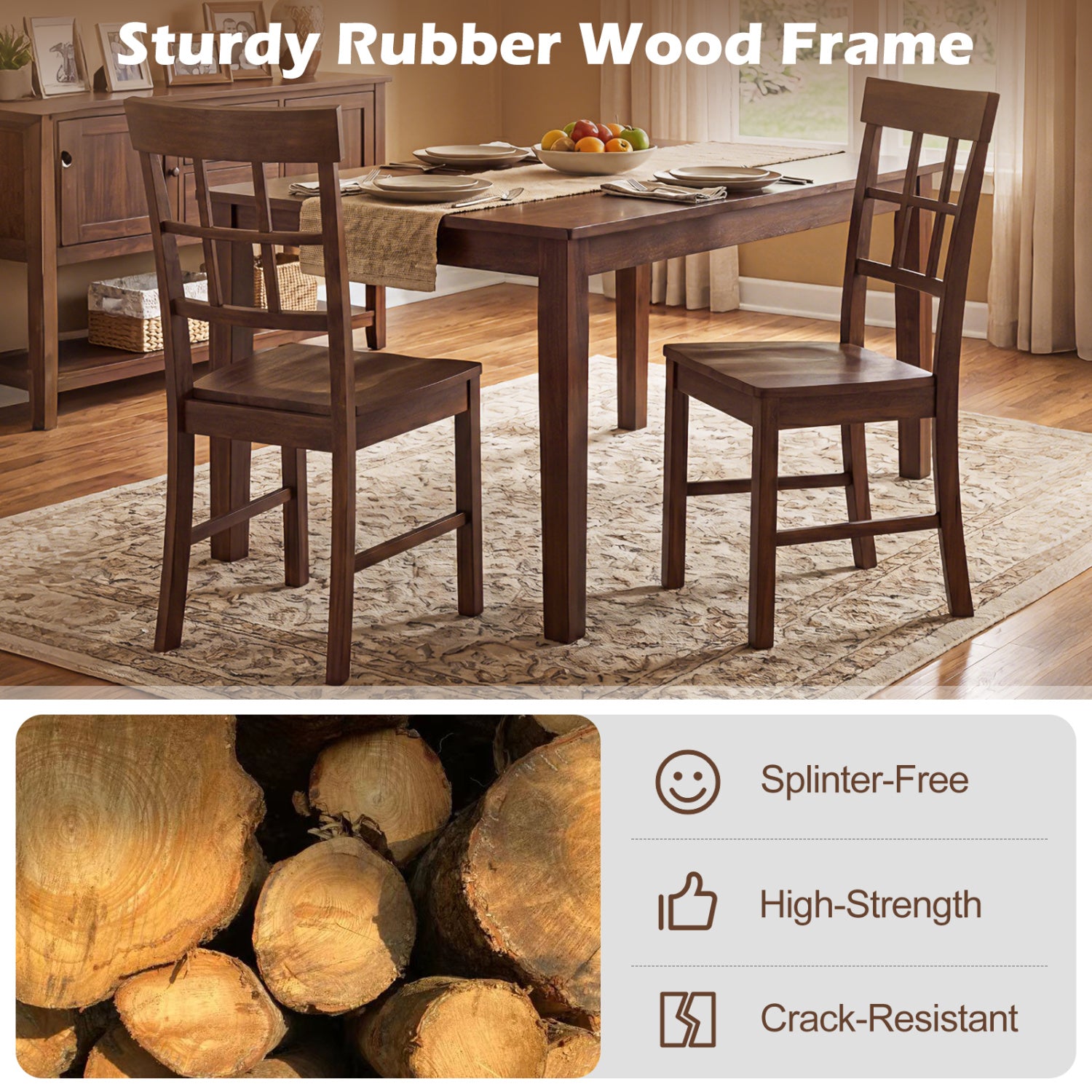 Rubber Wood Dining Chairs Set of 4 with High Backrests-Brown