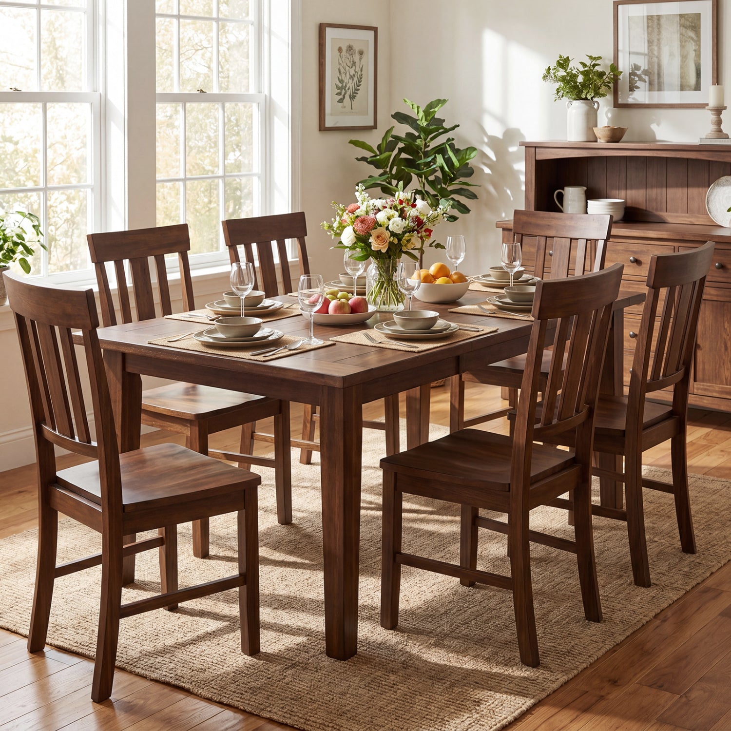 Rubber Wood Dining Chairs Set of 4 with High Slat Backrests-Brown