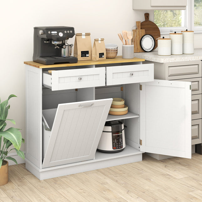 Rubber Wood Kitchen Trash Cabinet with Single Trash Can Holder and Adjustable Shelf-White