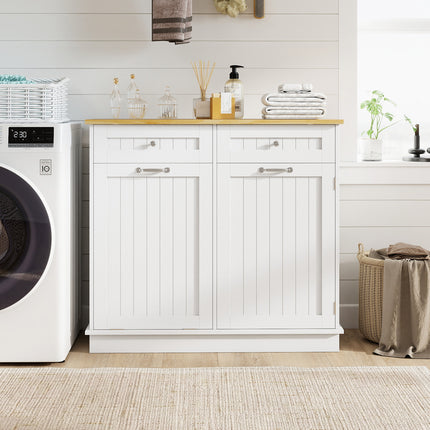 Rubber Wood Kitchen Trash Cabinet with Single Trash Can Holder and Adjustable Shelf-White