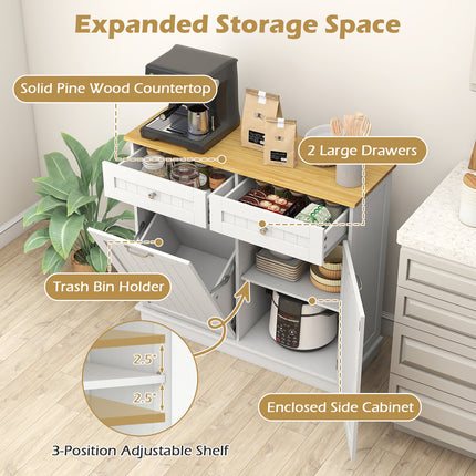 Rubber Wood Kitchen Trash Cabinet with Single Trash Can Holder and Adjustable Shelf-White