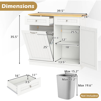 Rubber Wood Kitchen Trash Cabinet with Single Trash Can Holder and Adjustable Shelf-White