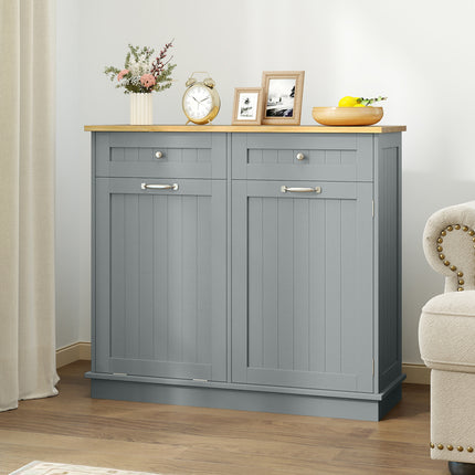 Rubber Wood Kitchen Trash Cabinet with Single Trash Can Holder and Adjustable Shelf-Gray