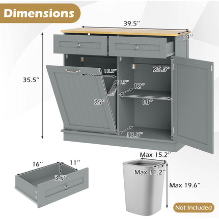 Rubber Wood Kitchen Trash Cabinet with Single Trash Can Holder and Adjustable Shelf-Gray
