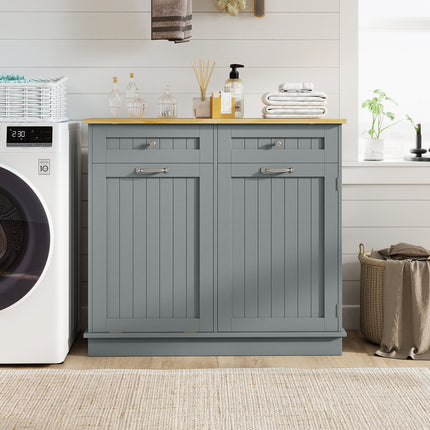 Rubber Wood Kitchen Trash Cabinet with Single Trash Can Holder and Adjustable Shelf-Gray