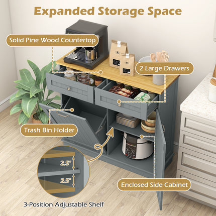 Rubber Wood Kitchen Trash Cabinet with Single Trash Can Holder and Adjustable Shelf-Gray