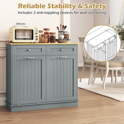 Rubber Wood Kitchen Trash Cabinet with Single Trash Can Holder and Adjustable Shelf-Gray