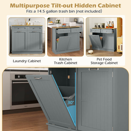 Rubber Wood Kitchen Trash Cabinet with Single Trash Can Holder and Adjustable Shelf-Gray