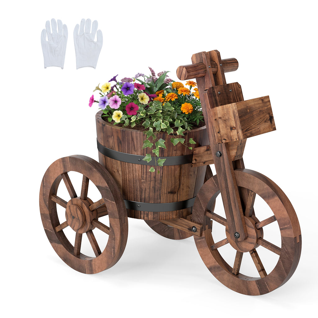 Jardinière rustique en bois en forme de tricycle avec roues et bac de rangement - Café