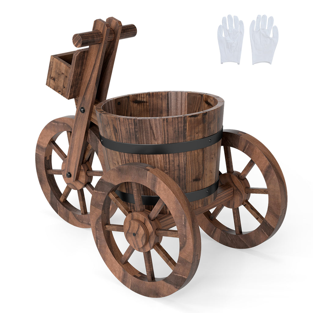 Jardinière rustique en bois en forme de tricycle avec roues et bac de rangement - Café