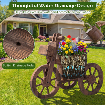 Rustic Wood Tricycle Planter with Wheels and Storage Box-Coffee