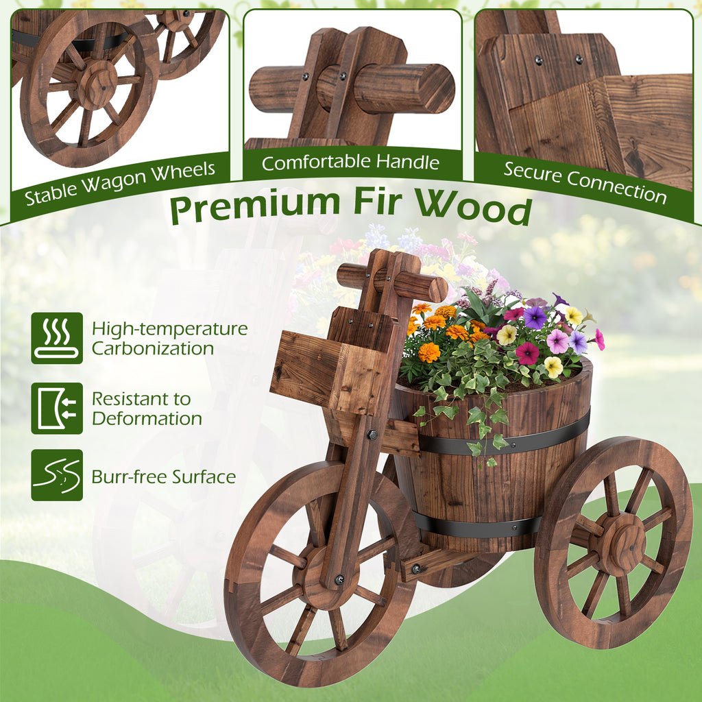 Jardinière rustique en bois en forme de tricycle avec roues et bac de rangement - Café