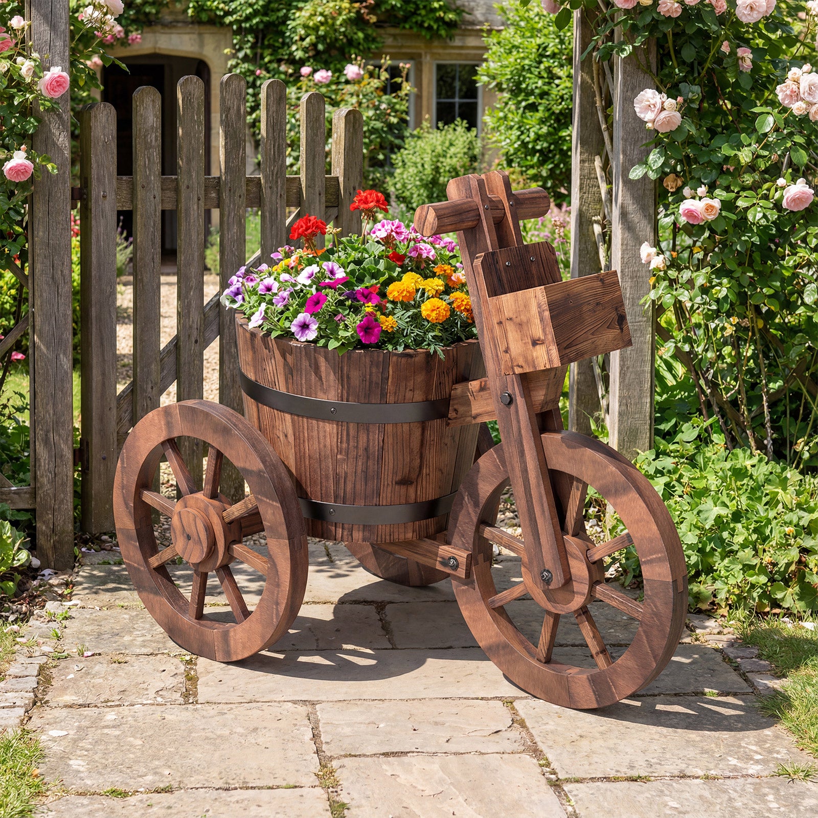 Jardinière rustique en bois en forme de tricycle avec roues et bac de rangement - Café