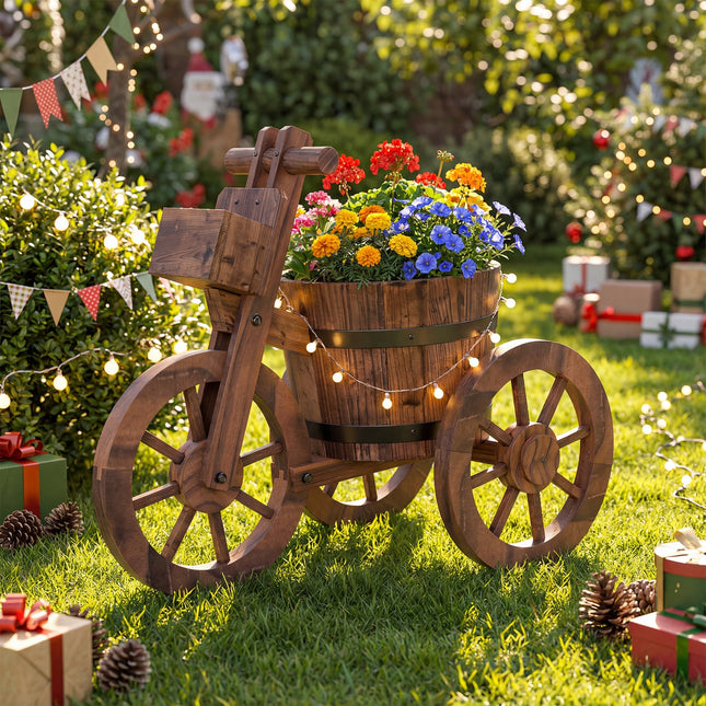 Rustic Wood Tricycle Planter with Wheels and Storage Box-Coffee