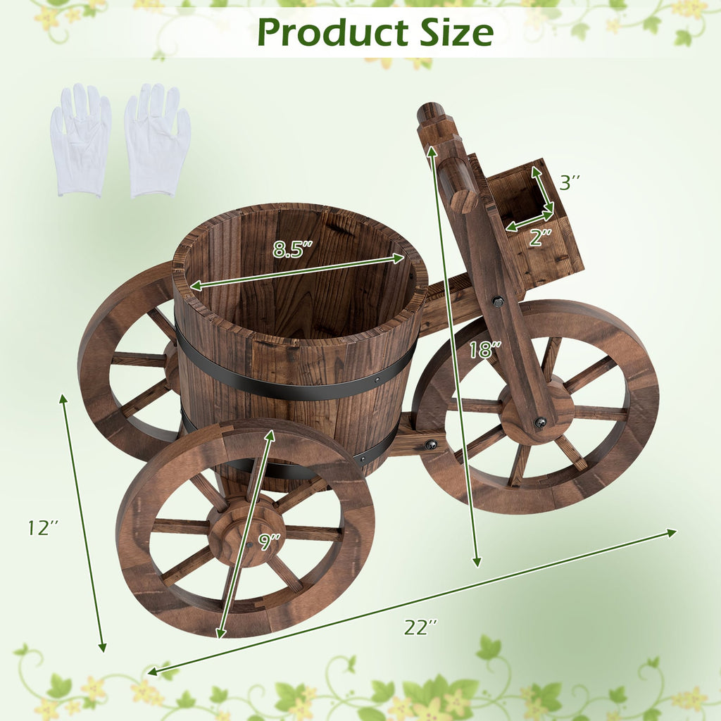 Jardinière rustique en bois en forme de tricycle avec roues et bac de rangement - Café