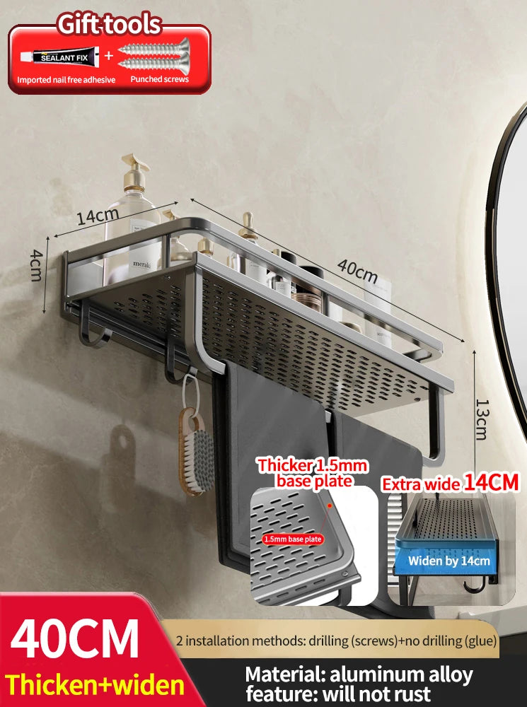 Wall-mounted shower caddy with dimensions and material details on a gray background