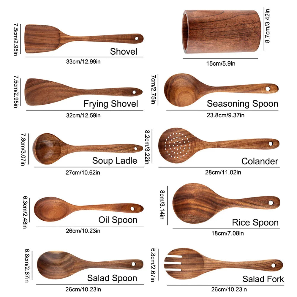 Set of wooden kitchen utensils with measurements on a white background