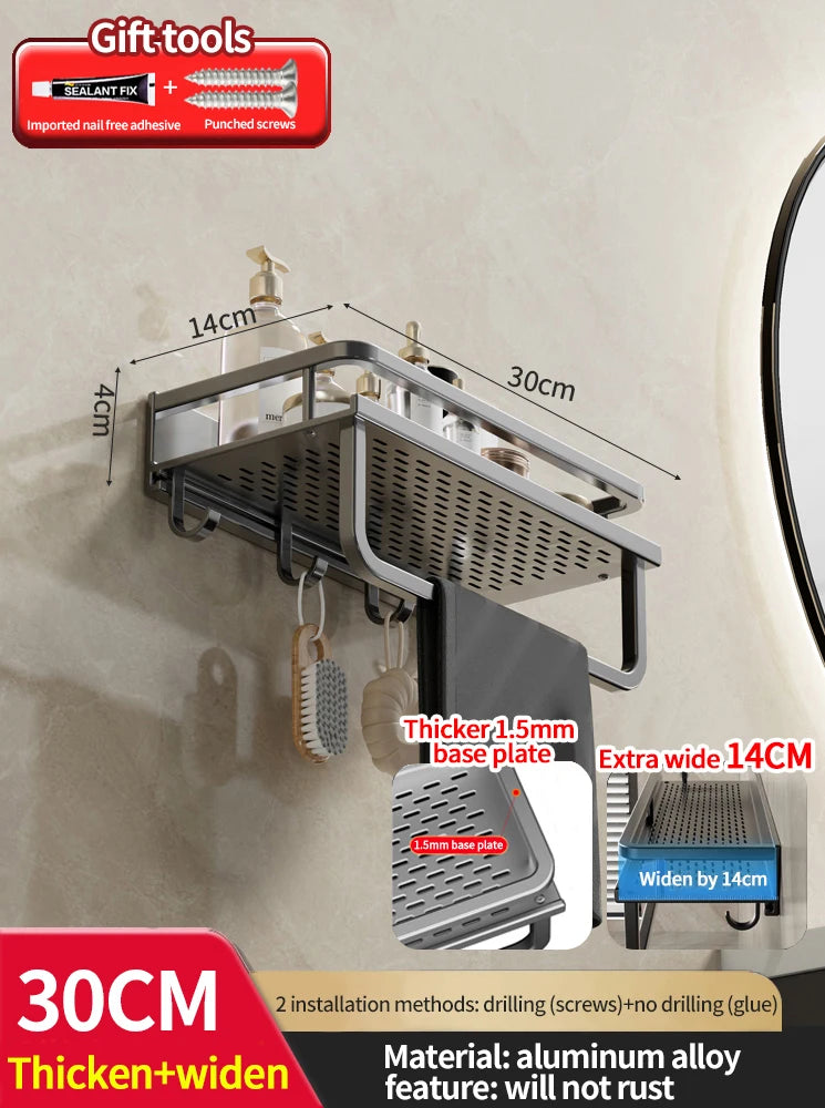 Bathroom shelf with measurements and material details on a gray background