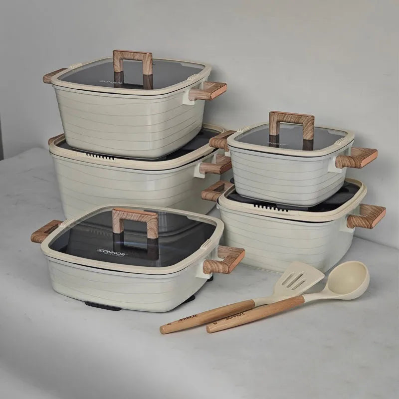 DONNOR 15-Piece Aluminum Nonstick Square Cookware Pot Set with Lids