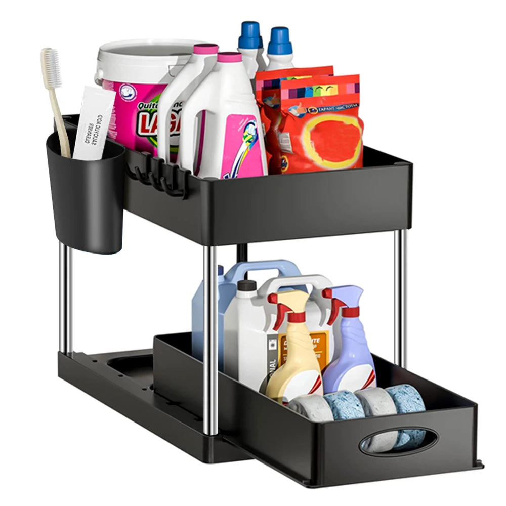 2-Tier Under Sink Organizer Sliding Cabinet Rack with Hooks