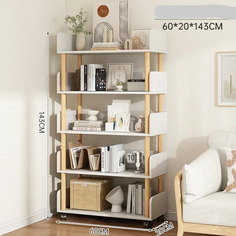Wooden bookshelf with shelves filled with books and decor items in a room setting.