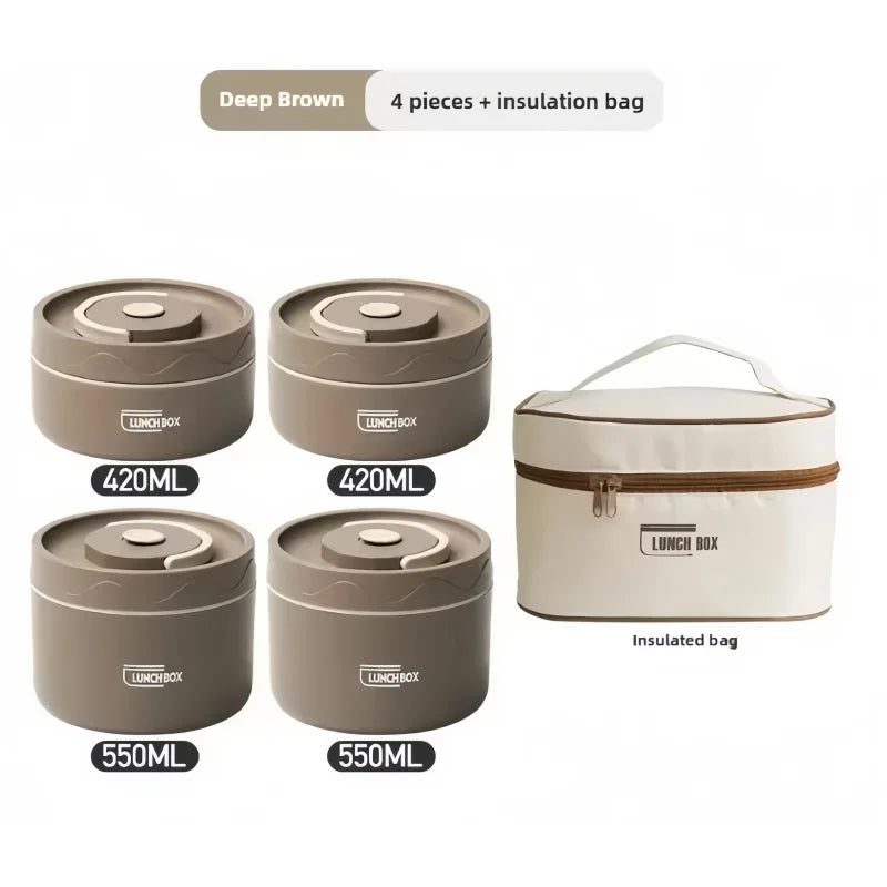 Set of four brown lunch boxes with different capacities and an insulated bag on a white background.