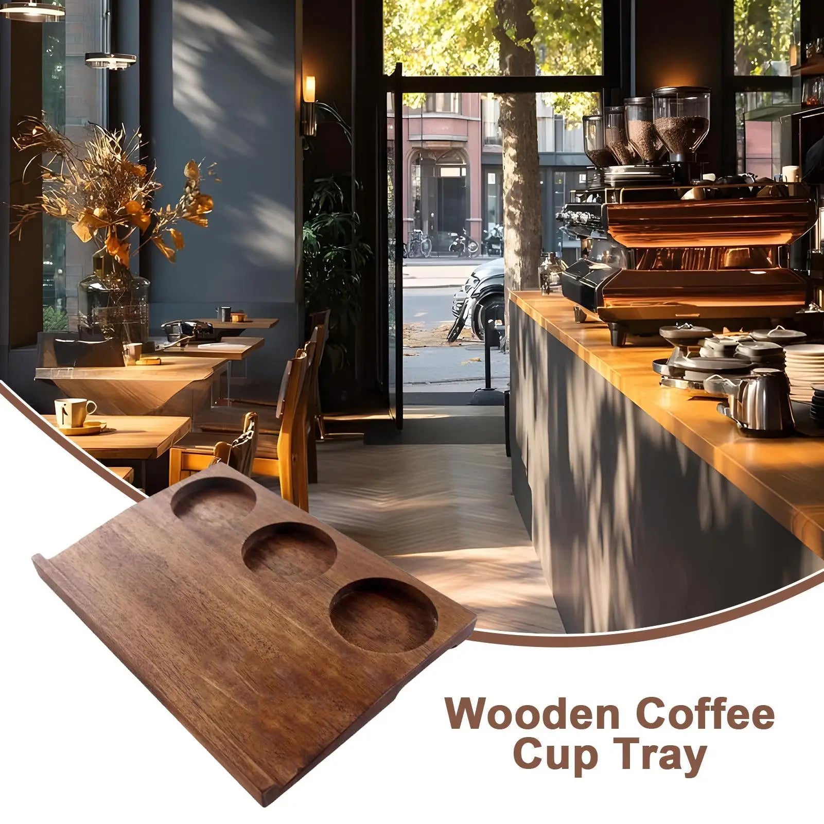 Wooden coffee cup tray with a cafe interior in the background