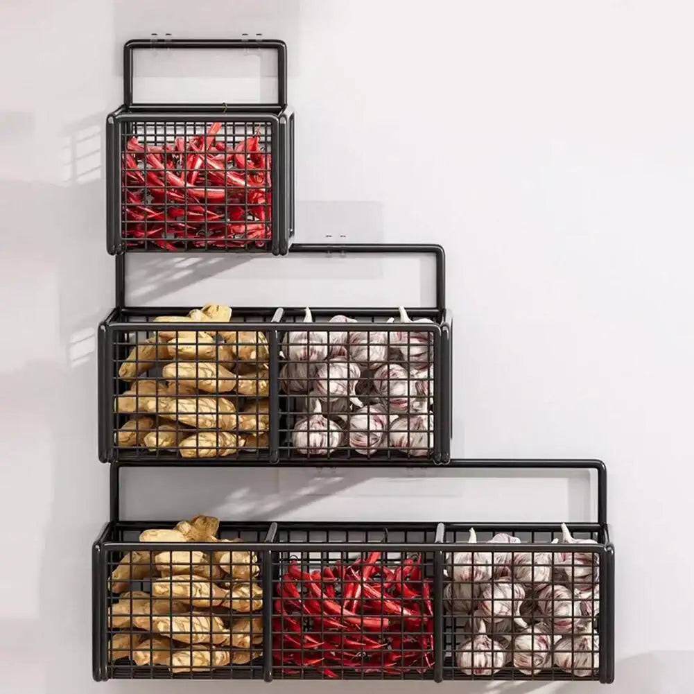 Kitchen Storage Baskets with 1/2/3 Compartments Punch-Free Spice Rack Wall Mount Ginger Garlic Separation Storage
