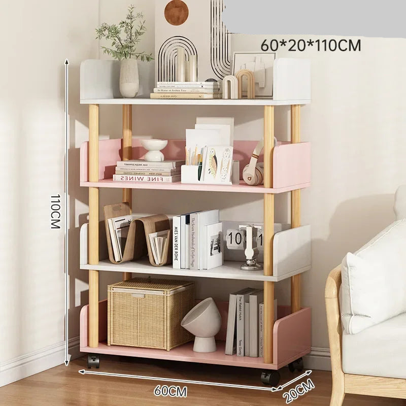Multilevel shelf with books, decor items, and a basket in a room setting.