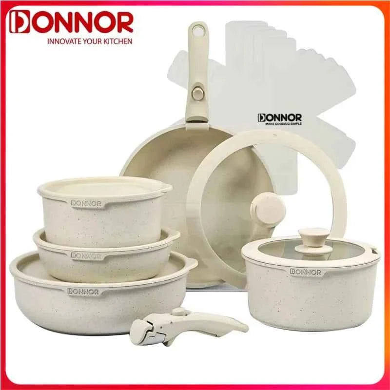 DONNOR Kitchen Pots Set and Pans Cookware Set  Aluminum Pot Set Induction Suitable for Fried Egg Pancakes Safe Non-stick Pot