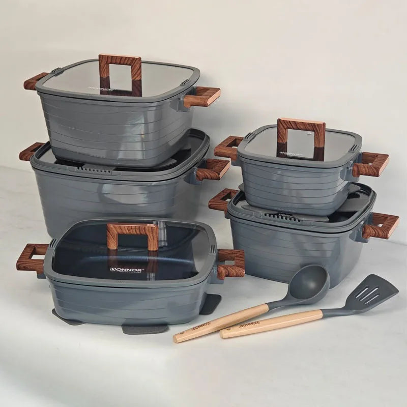 DONNOR 15-Piece Aluminum Nonstick Square Cookware Pot Set with Lids