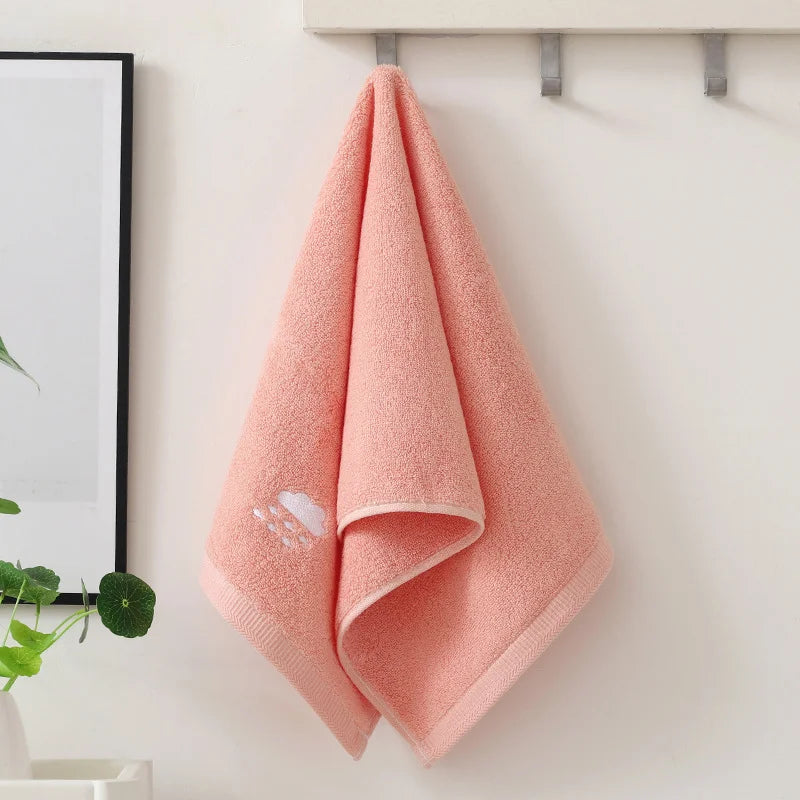 Pink towel hanging on a rack against a white wall with a plant and framed picture.
