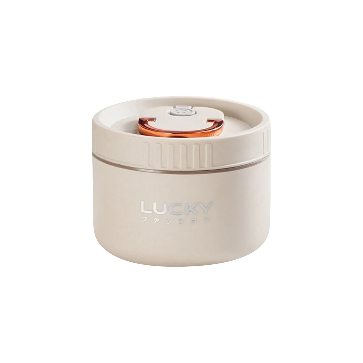 Beige container with a lid on a white background, featuring the brand 'Lucky'.