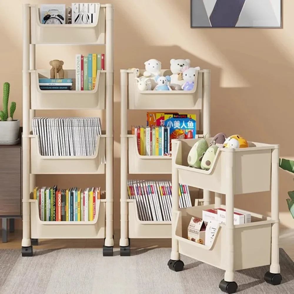 Beige bookshelf with books, toys, and a small table against a beige wall.
