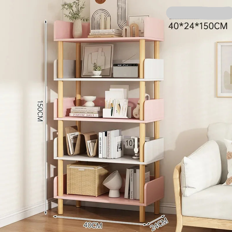 Bookshelf with pink and wooden shelves in a room setting