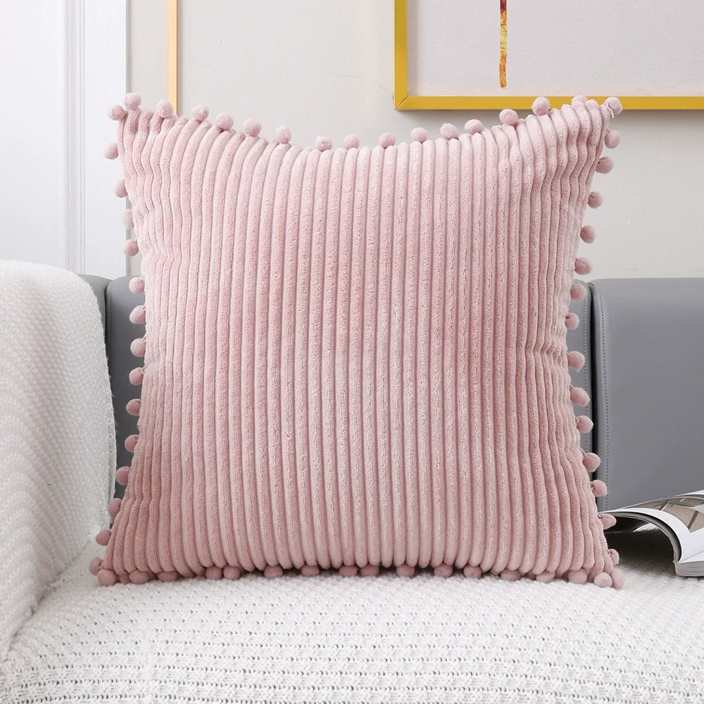 Corduroy Decorative Throw Pillow Covers with Pom Poms, Set of 2