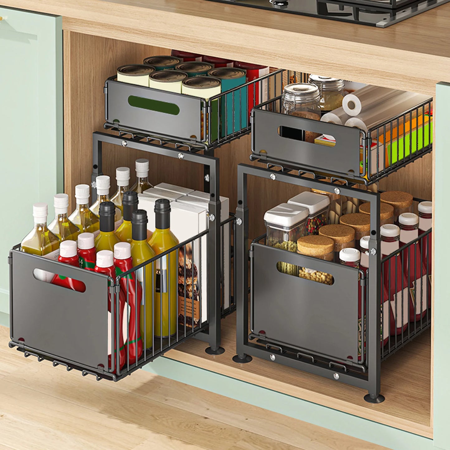 Kitchen cabinet with organizer bins containing various food items.