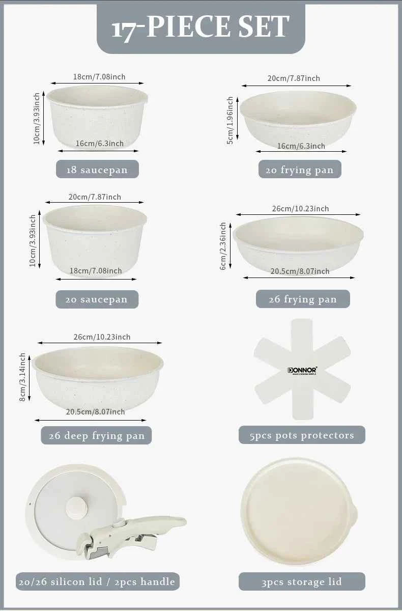 DONNOR Kitchen Pots Set and Pans Cookware Set  Aluminum Pot Set Induction Suitable for Fried Egg Pancakes Safe Non-stick Pot