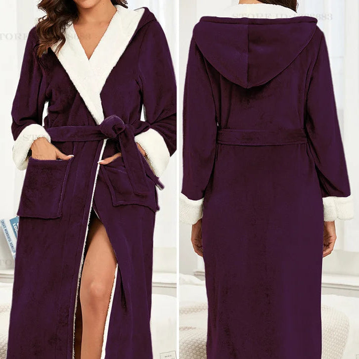 Purple robe with white trim worn by a person, shown from front and back views.