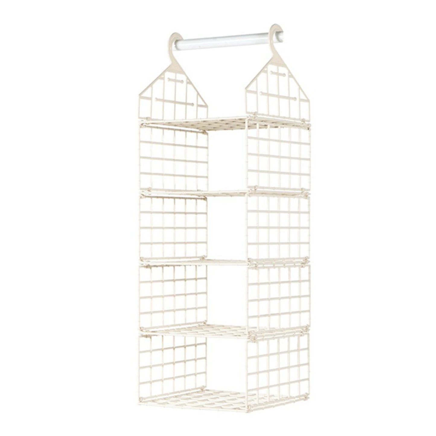 White wire hanging organizer with multiple shelves on a white background