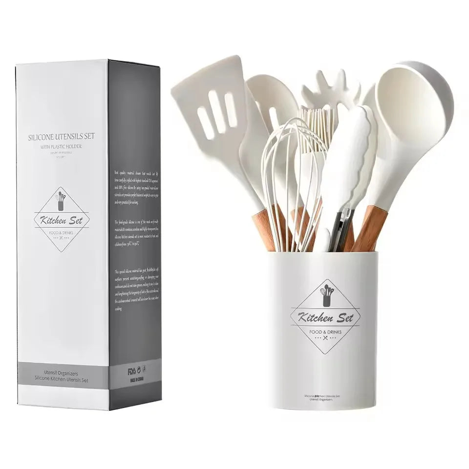 Silicone utensils set with packaging on a white background